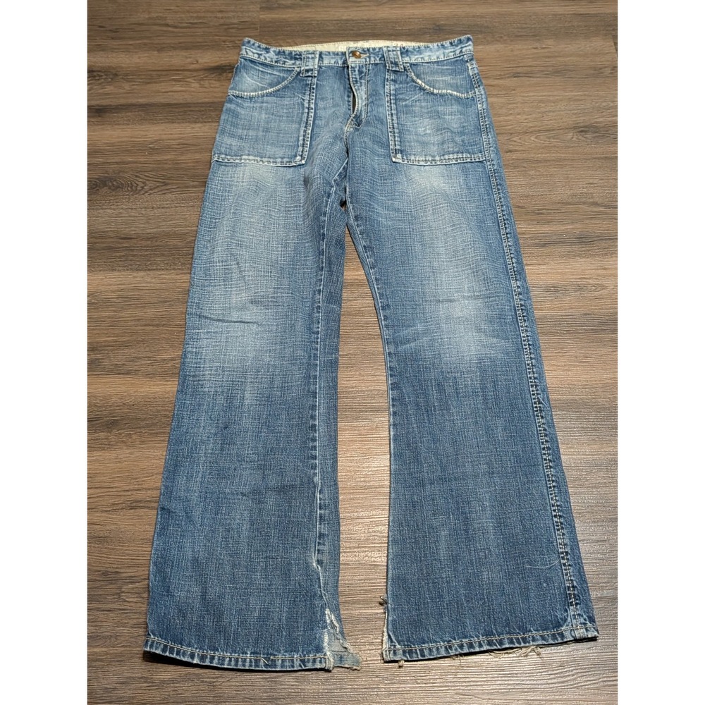 Guess Jeans Mens 34 Blue Denim Wide Leg Flare Distressed Y2K Medium Wash Baggy